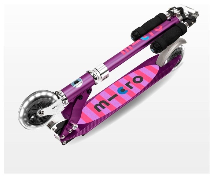Самокат MICRO серии "Sprite LED" – ФІОЛЕТОВИЙ (складаний, дека у смужку, до 100 kg, двоколісний, сві