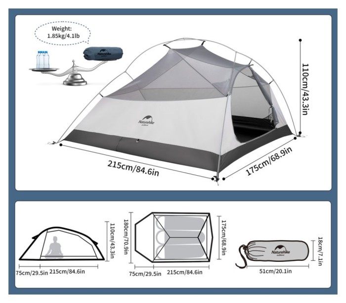 Намет надлегкий тримісний з футпринтом Naturehike Cloud Up 3 UL NH18T030-T-T, 20D, темно-синій