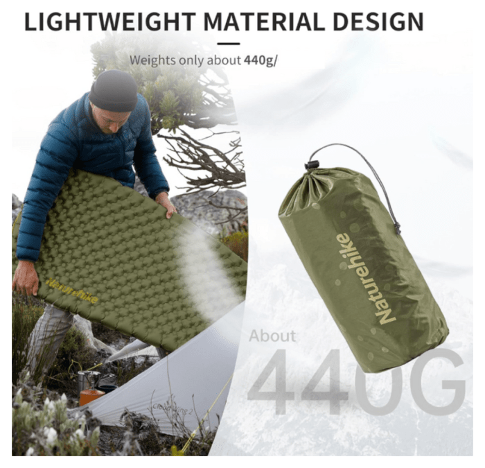 Матрац туристичний надувний одномісний Naturehike CNH22DZ018, надлегкий, 183х58х7 см, зелений, для туризму із мішком для надування