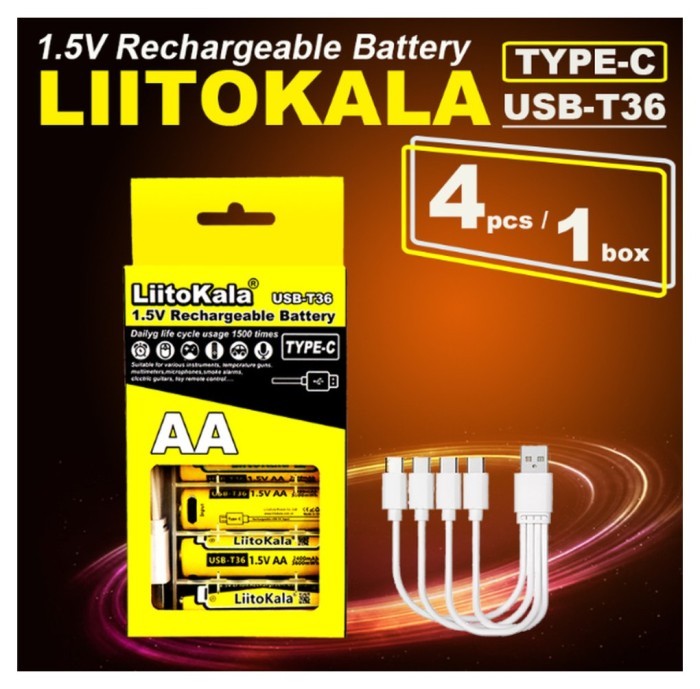 Набір акумуляторів з 4 шт LiitoKala USB-T36 + USB Type-C кабель зарядки