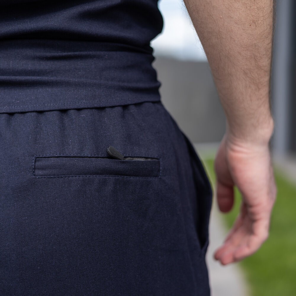 Шорти чоловічі льняні з кишенями темно-сині Pobedov Marsel