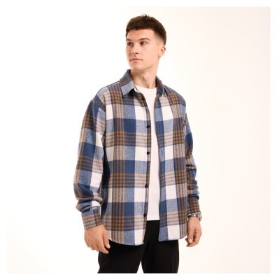 Тепла чоловіча сорочка в клітинку Pobedov Tartan. Сорочка осіння синя