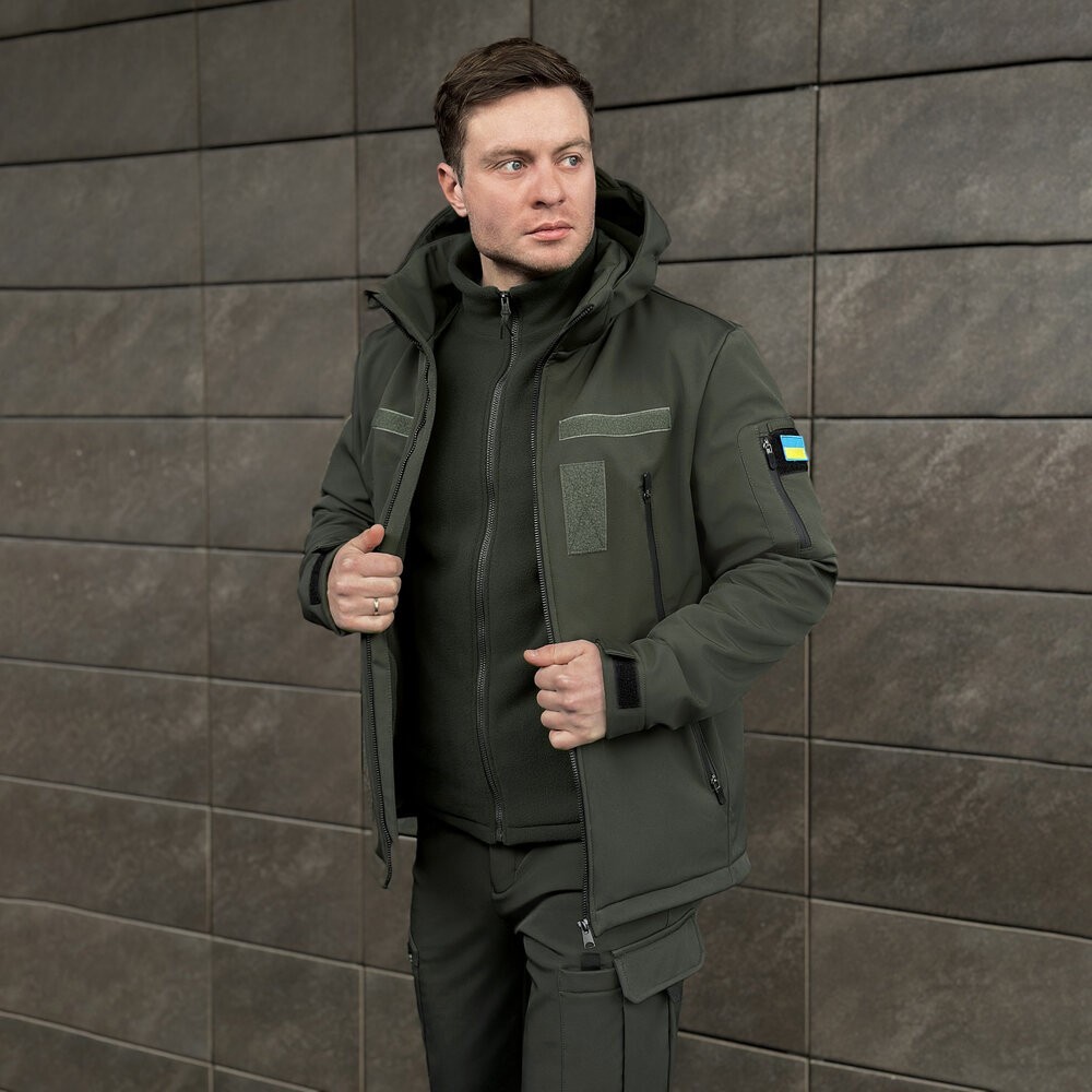 Чоловіча хакі куртка софтшелл демісезонна Pobedov Motive із липучками