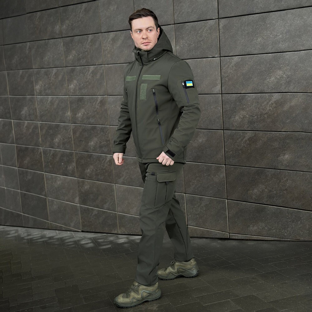 Чоловіча хакі куртка софтшелл демісезонна Pobedov Motive із липучками