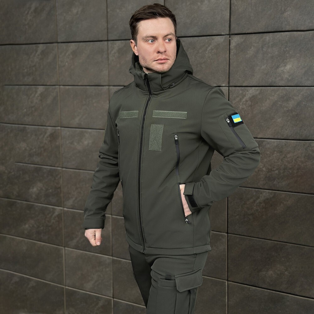 Чоловіча хакі куртка софтшелл демісезонна Pobedov Motive із липучками