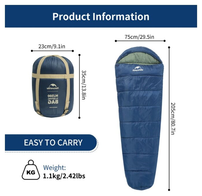 Спальник з капюшоном Naturehike MJ300 CNK2300SD014, темно-блакитний