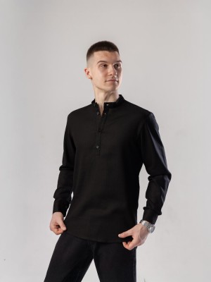 Чорна чоловіча сорочка з льону casual. Сорочка вільного крою легка чорна Pobedov Exlnt