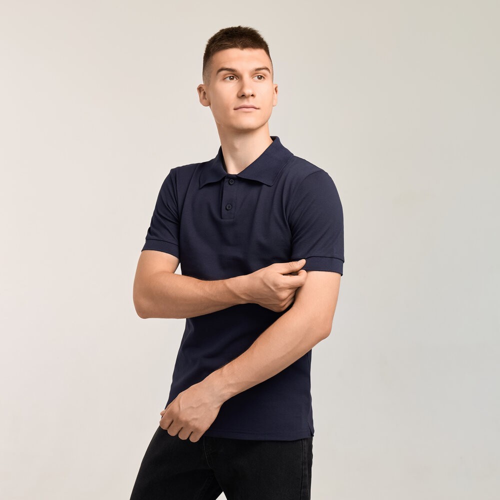 Темно-синє наві чоловіче класичне поло на ґудзиках Pobedov. Футболка поло Pobedov Royal Batal синя