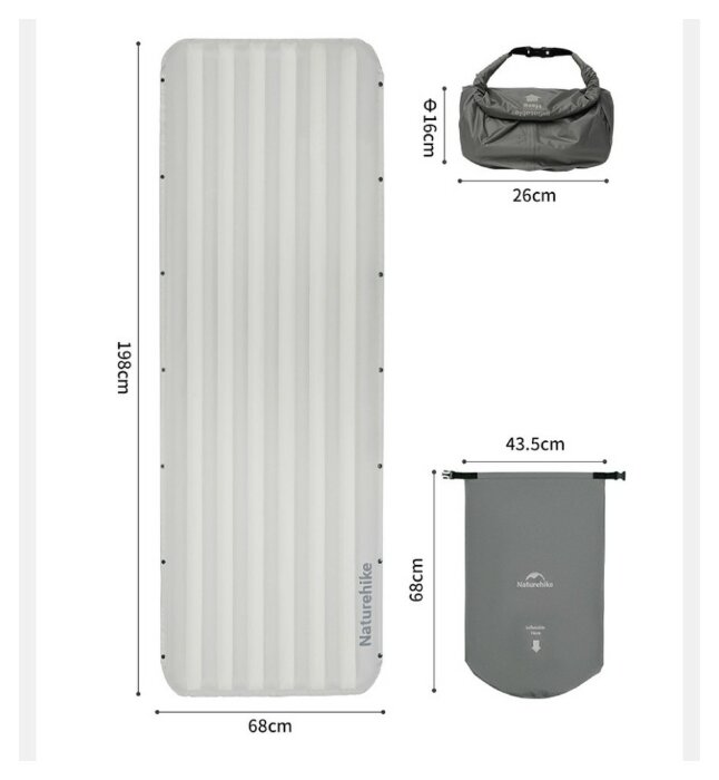 Матрац туристичний надувний одномісний Naturehike CNK2450WS034, 198х68х9.5 см, коричневий, для кемпінгу із мішком для надування