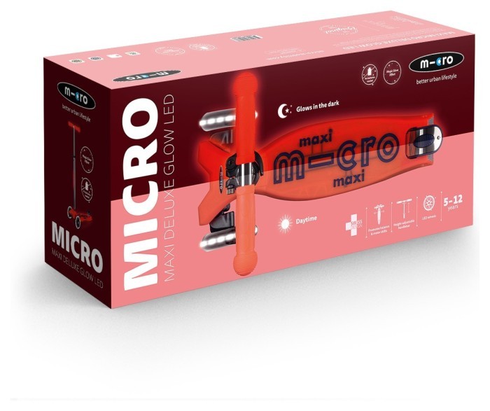 Самокат MICRO серії "Maxi Deluxe Glow LED" – ЧЕРВОНА АУРА (до 50 kg, 3-х колісний, світло)