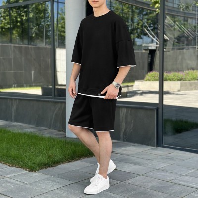 Чоловічий літній комплект шорти і футболка чорний вільного крою Pobedov Jack