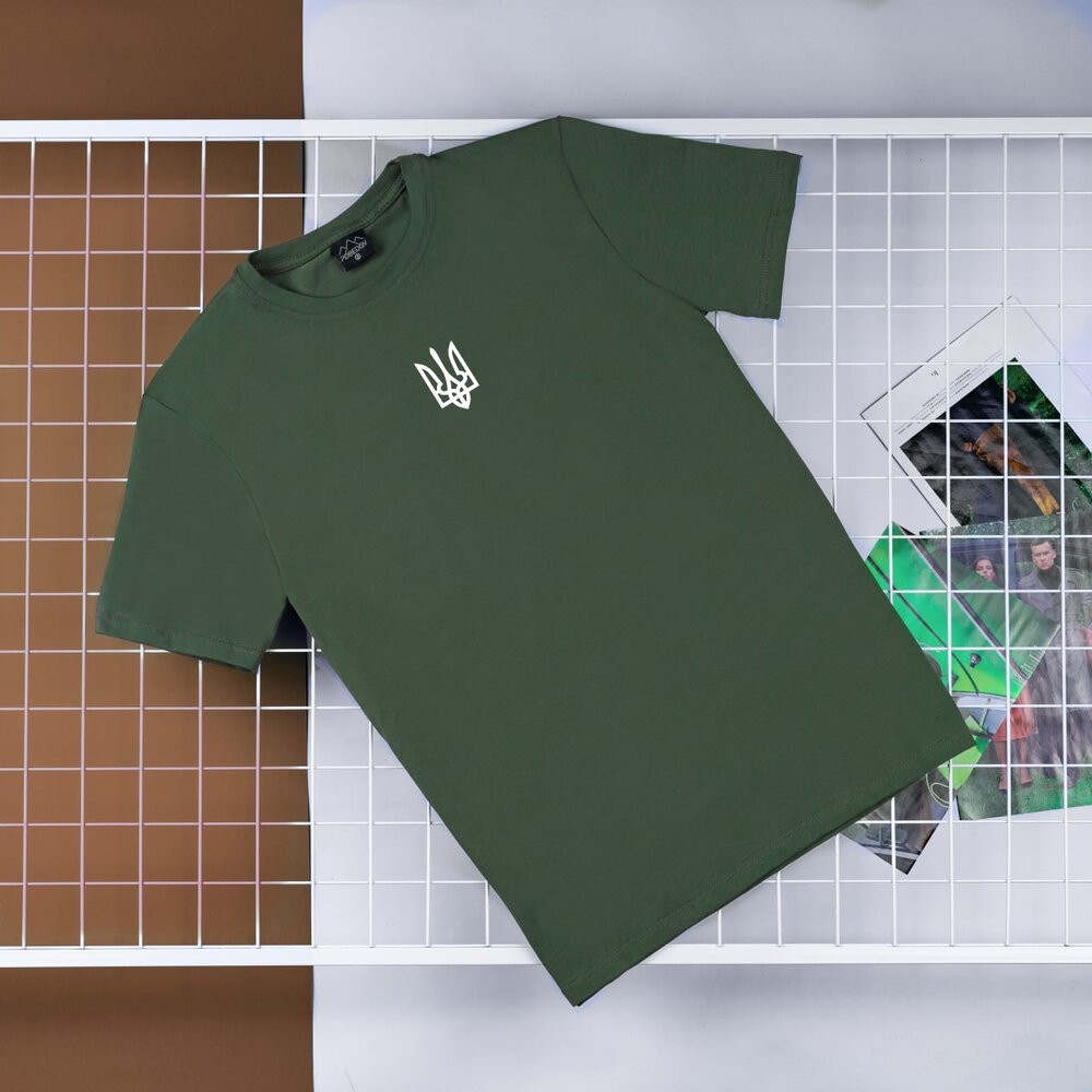 Футболка чоловіча однотонна хакі Pobedov Peremoga - наклейка Герб 4см біла