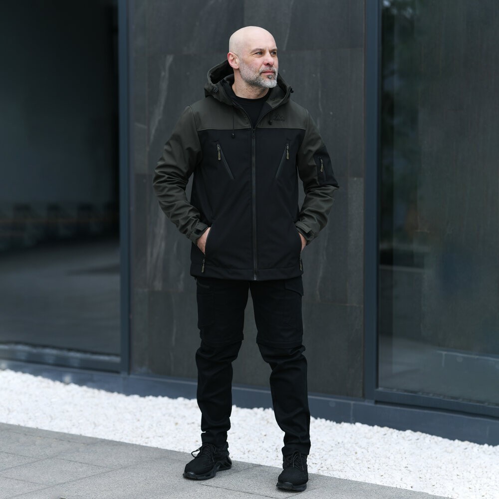 Куртка чоловіча демісезонна з капюшоном чорна-хакі Pobedov Korol' Lev