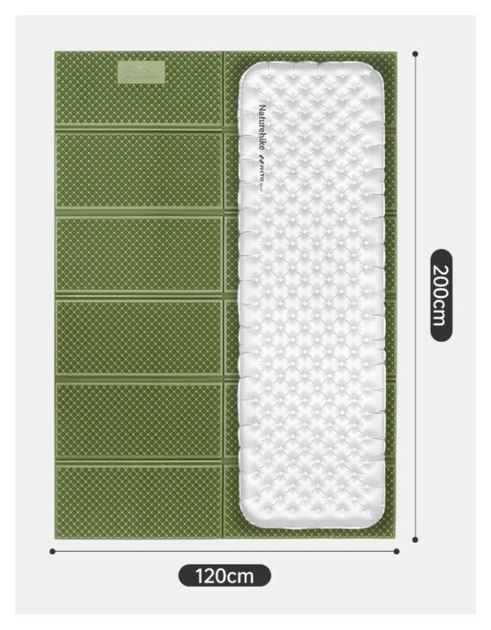 Килимок туристичний складаний двомісний IXPE Naturehike CNK2450WS044 з алюмінієвою плівкою, 200x120x1.8 см, оливковий