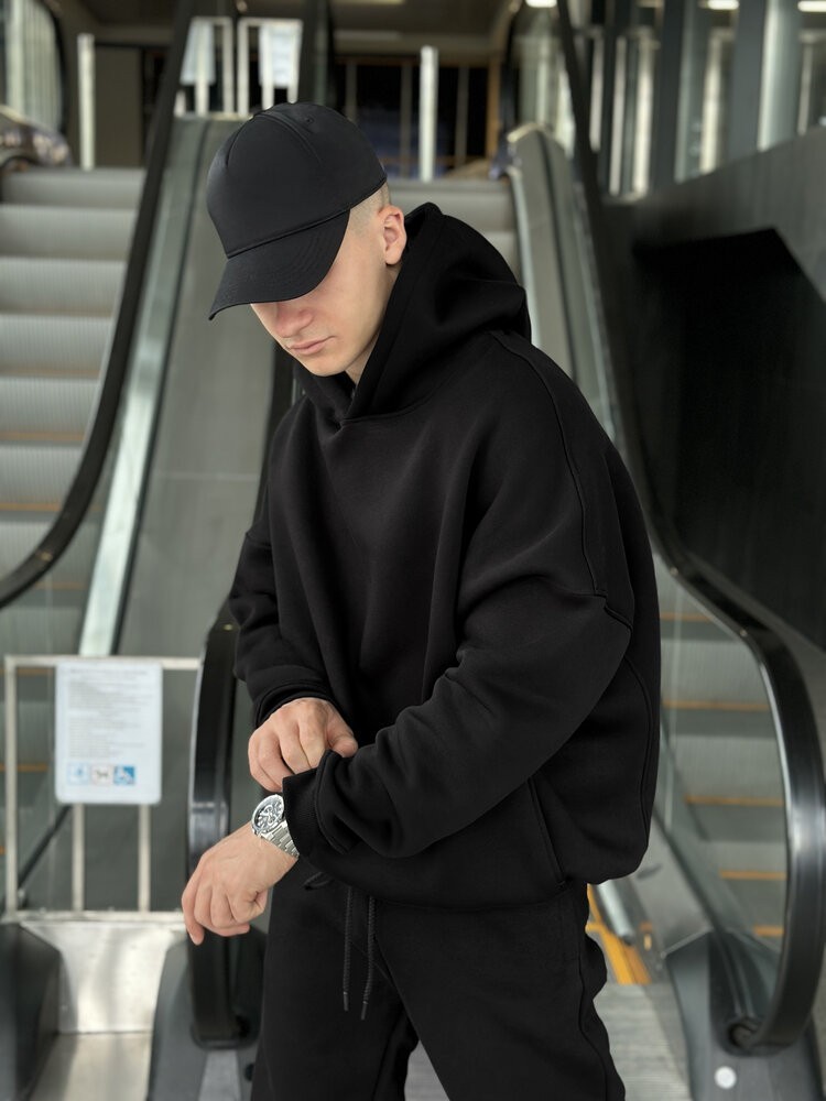 Чорне худі оверсайз чоловіче Pobedov Urbanist. Худі чорне чоловіче зима