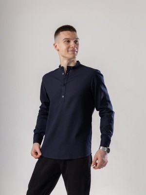 Сорочка з льону чоловіча синя однотонна. Сорочка casual на ґудзиках синя Pobedov Exlnt