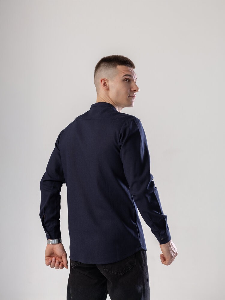 Сорочка з льону чоловіча синя однотонна. Сорочка casual на ґудзиках синя Pobedov Exlnt