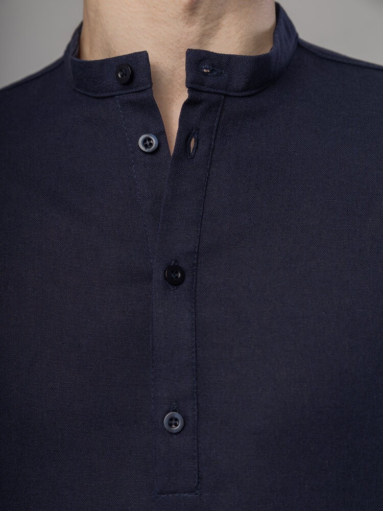 Сорочка з льону чоловіча синя однотонна. Сорочка casual на ґудзиках синя Pobedov Exlnt