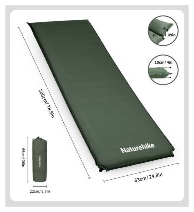 Матрац ортопедичний самонадувний одномісний  Naturehike CNK2450WS020, 200х63х10 см, темно-зелений