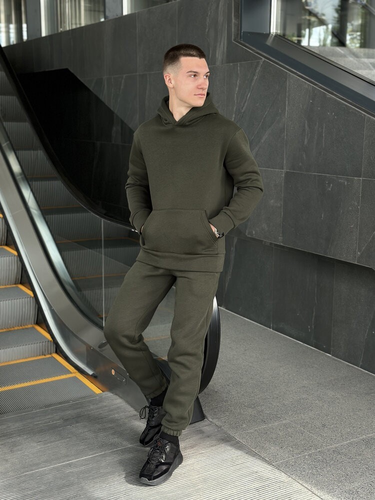 Тепле чоловіче худі на флісі з капюшоном хакі Pobedov 008 ЗИМА