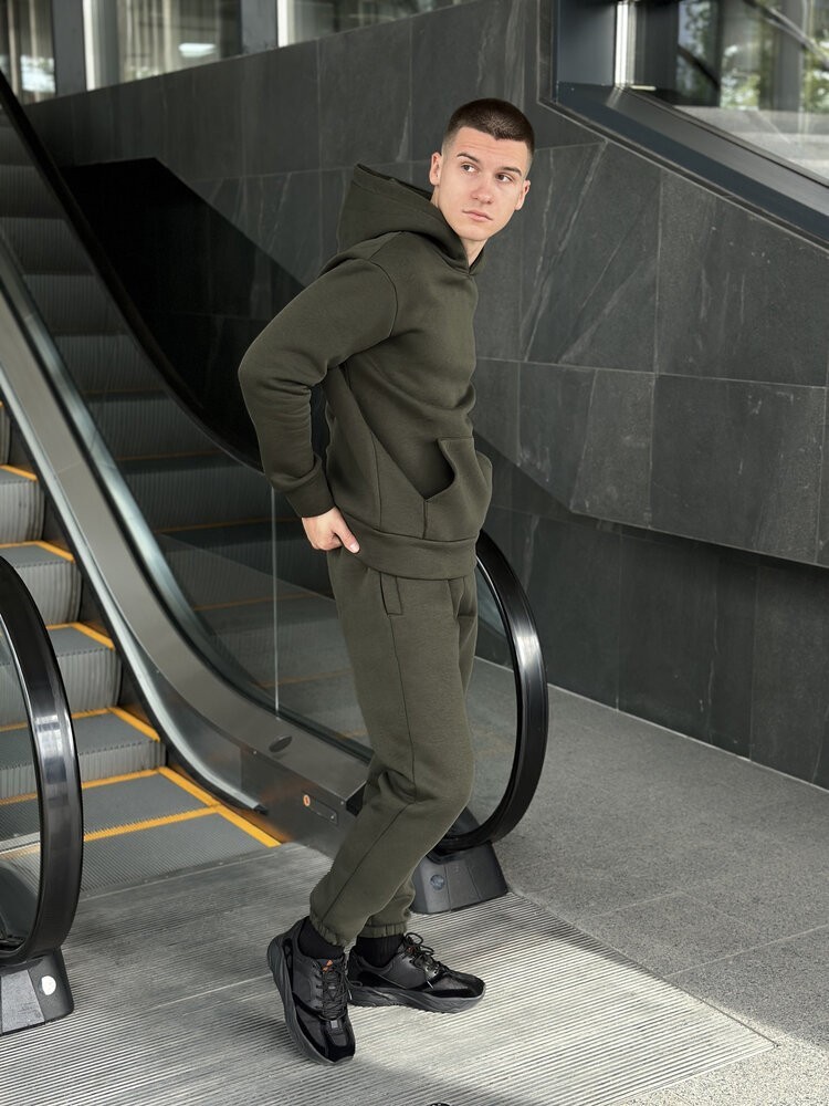 Тепле чоловіче худі на флісі з капюшоном хакі Pobedov 008 ЗИМА