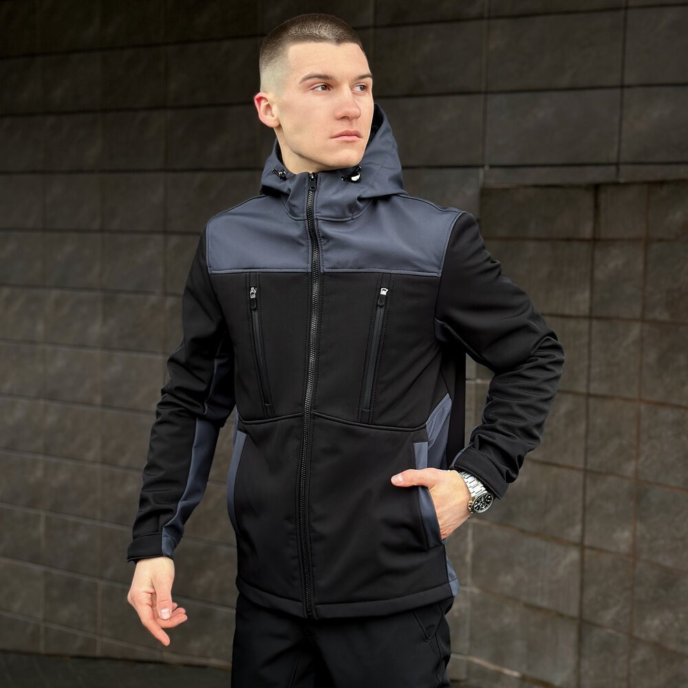 Чорно-сіра демісезонна чоловіча куртка S з капюшоном Pobedov Setup