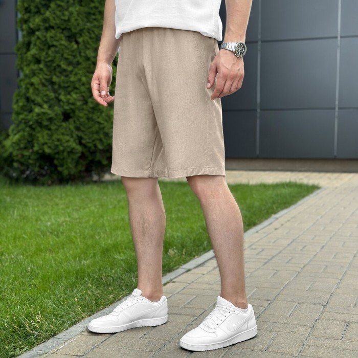 Шорти чоловічі льняні з кишенями бежеві Pobedov Marsel