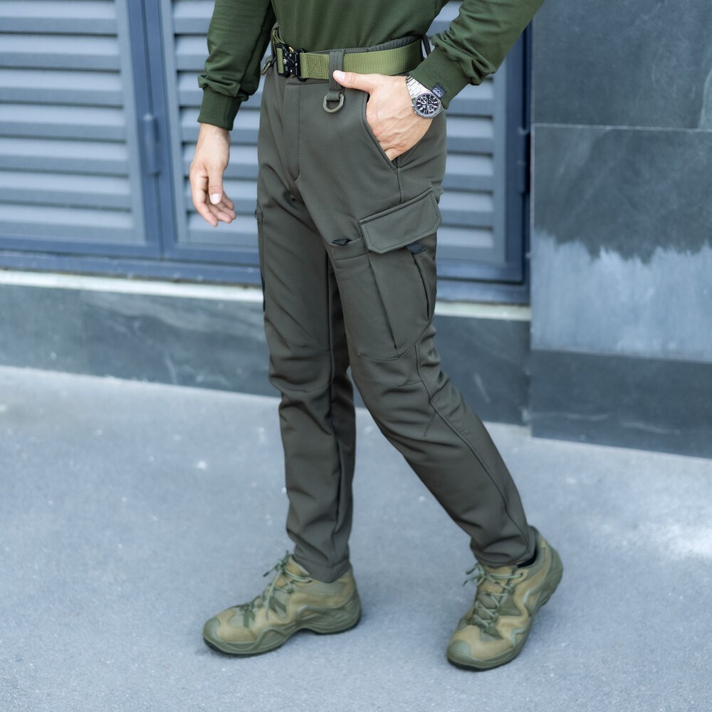 Штани карго чоловічі весняні з кишенями хакі Pobedov Static
