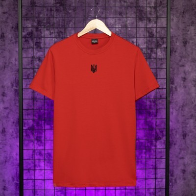 Футболка чоловіча однотонна червона Pobedov Peremoga - Герб чорна вишивка