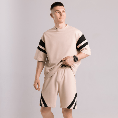 Чоловічий літній комплект шорти і футболка бежевий вільного крою Pobedov Flow