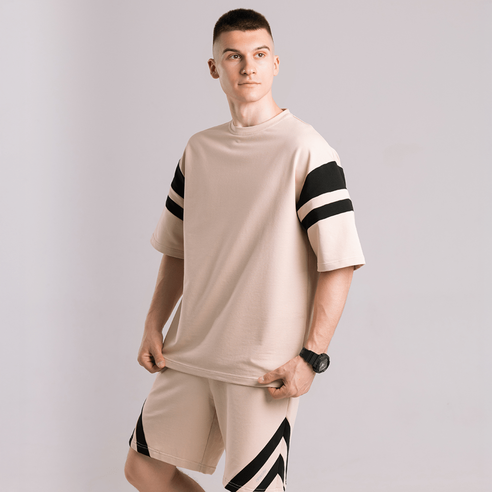 Чоловічий літній комплект шорти і футболка бежевий вільного крою Pobedov Flow