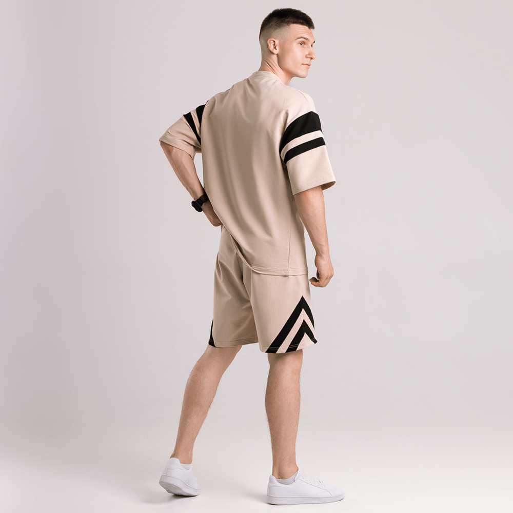 Чоловічий літній комплект шорти і футболка бежевий вільного крою Pobedov Flow