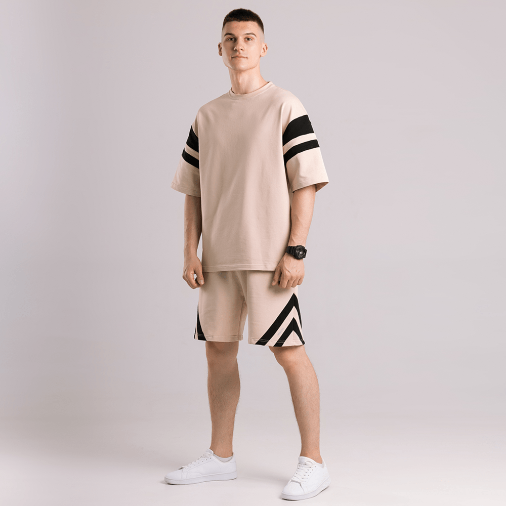 Чоловічий літній комплект шорти і футболка бежевий вільного крою Pobedov Flow