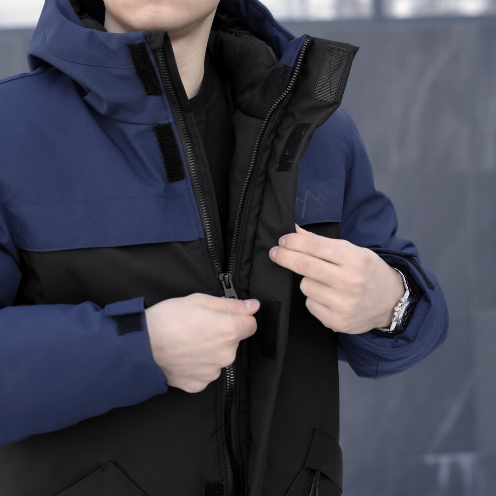 Парка чоловіча зимова з капюшоном чорно-синя Pobedov Navy