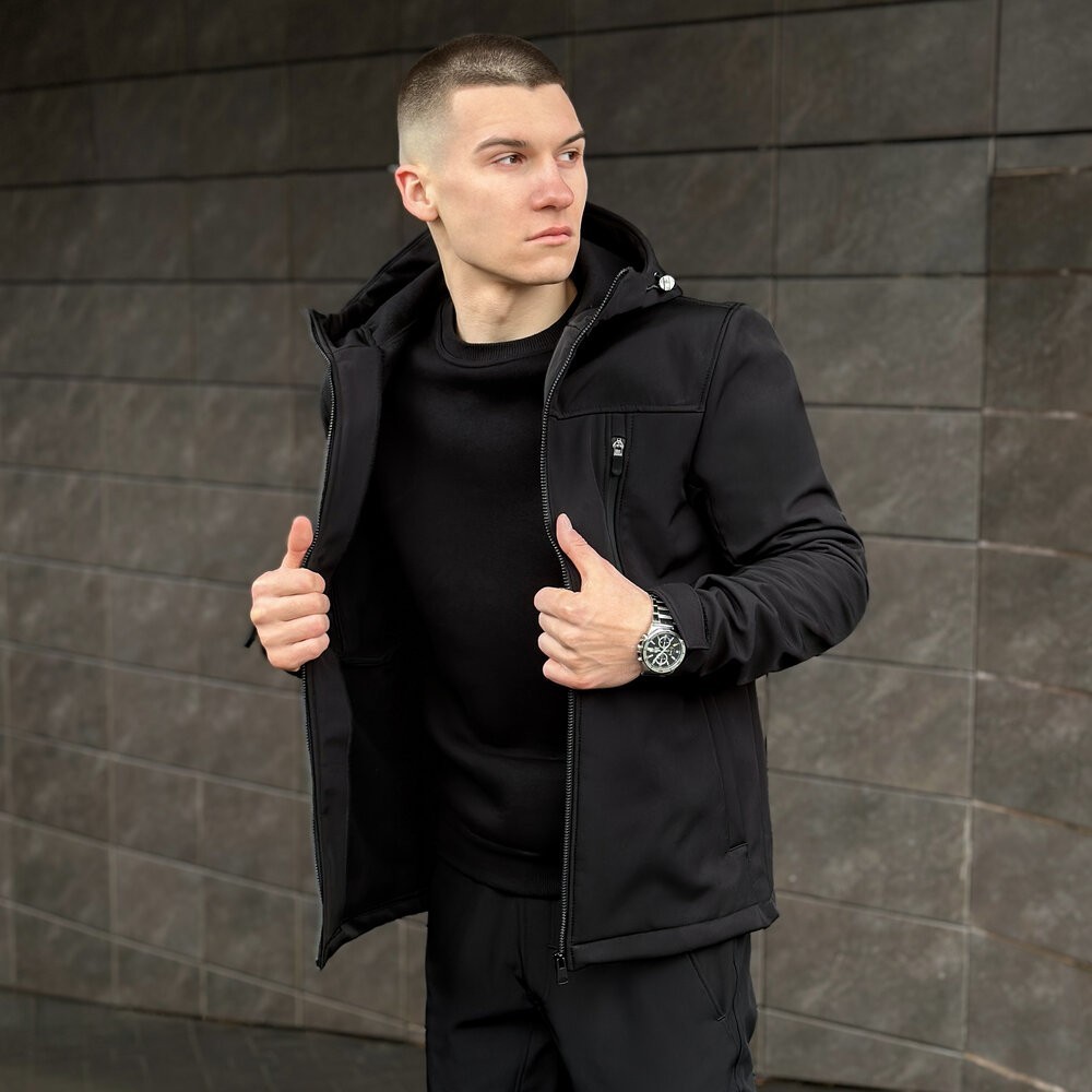 Чоловіча чорна куртка із софтшеллу весняна Pobedov Setup 2XL