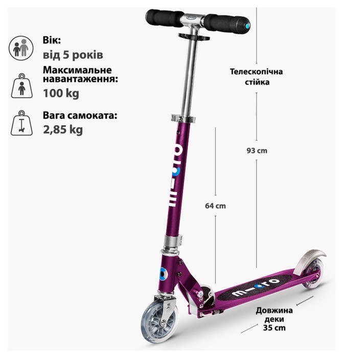 Самокат MICRO серії "Sprite" - ПУРПУРОВИЙ МЕТАЛІК (складаний, до 100 kg, двоколісний)