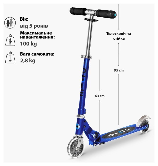 Самокат MICRO серії "Sprite LED" - САПФІРОВИЙ СИНІЙ (складаний, до 100 кг (kg), двоколісний, світло)