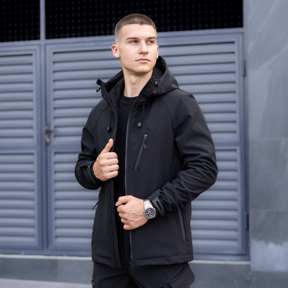 Куртка чоловіча демісезонна з капюшоном чорна Pobedov Matrix