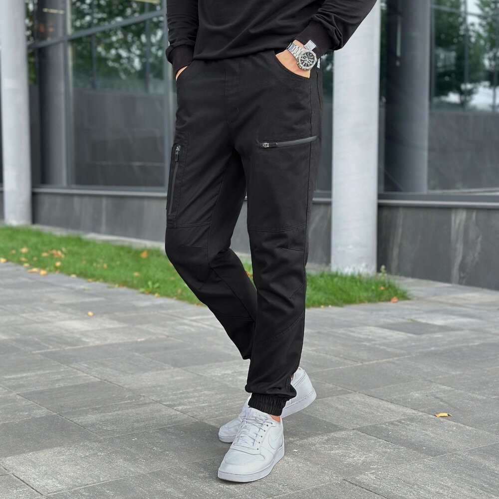 Штани карго чоловічі весняні з кишенями чорні Pobedov Papin Brodyaga