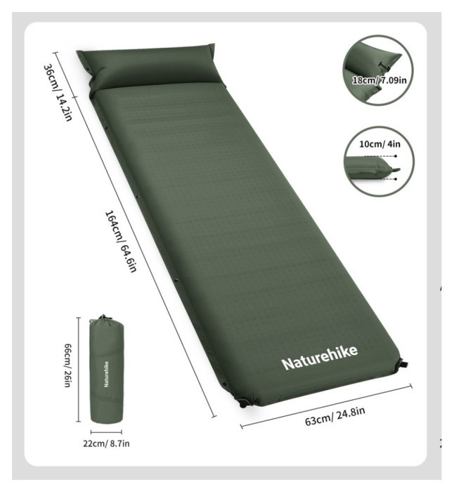 Матрац з подушкою ортопедичний одномісний  Naturehike CNK2450WS020, самонадувний, 200х63х10 см, темно-зелений