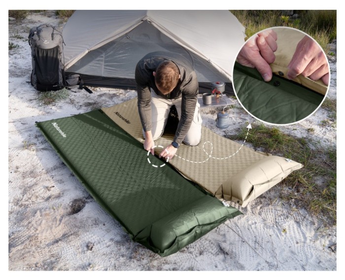 Матрац з подушкою ортопедичний одномісний  Naturehike CNK2450WS020, самонадувний, 200х63х10 см, темно-зелений