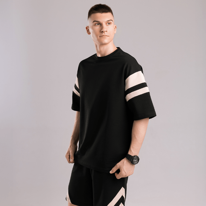 Чоловічий літній комплект шорти і футболка чорний вільного крою Pobedov Flow